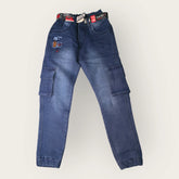 Dark Blue Cargo Denim Jeans for Boys with Elastic Waist – Comfortable & Stylish | MetroVibe